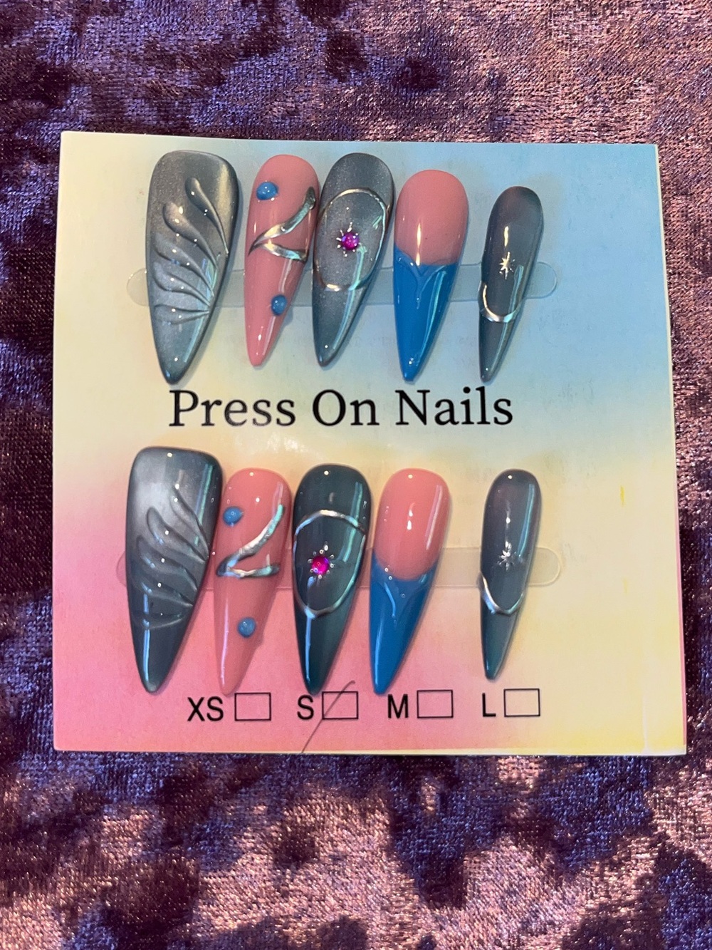 Pink, Teal & Silver Stiletto Press-On Nails